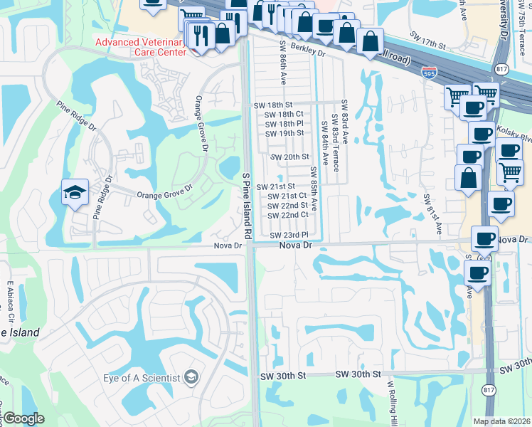 map of restaurants, bars, coffee shops, grocery stores, and more near 2171 Southwest 87th Terrace in Davie