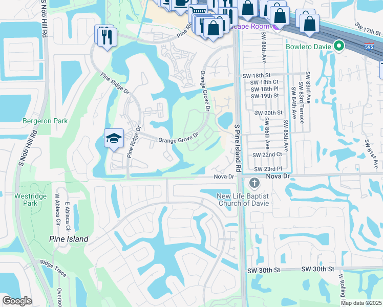 map of restaurants, bars, coffee shops, grocery stores, and more near 9110 Southwest 22nd Court in Davie