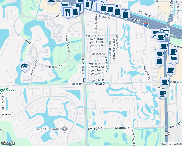 map of restaurants, bars, coffee shops, grocery stores, and more near 8721 Southwest 22nd Court in Davie