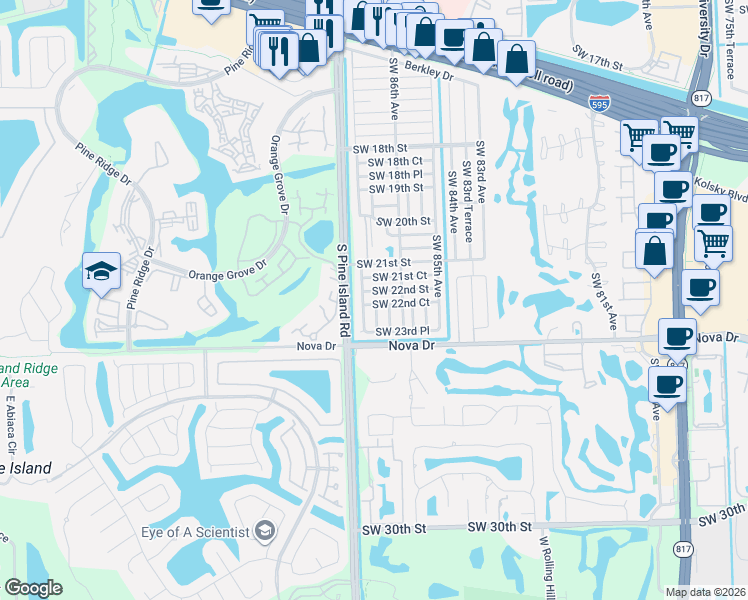 map of restaurants, bars, coffee shops, grocery stores, and more near 2171 Southwest 87th Terrace in Davie