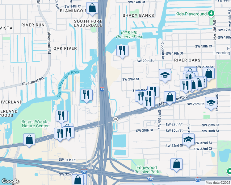 map of restaurants, bars, coffee shops, grocery stores, and more near 2445 Southwest 18th Terrace in Fort Lauderdale