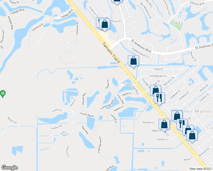 map of restaurants, bars, coffee shops, grocery stores, and more near 9267 Veneto Place in Naples
