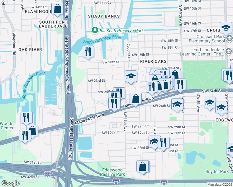 map of restaurants, bars, coffee shops, grocery stores, and more near 1506 Southwest 24th Street in Fort Lauderdale