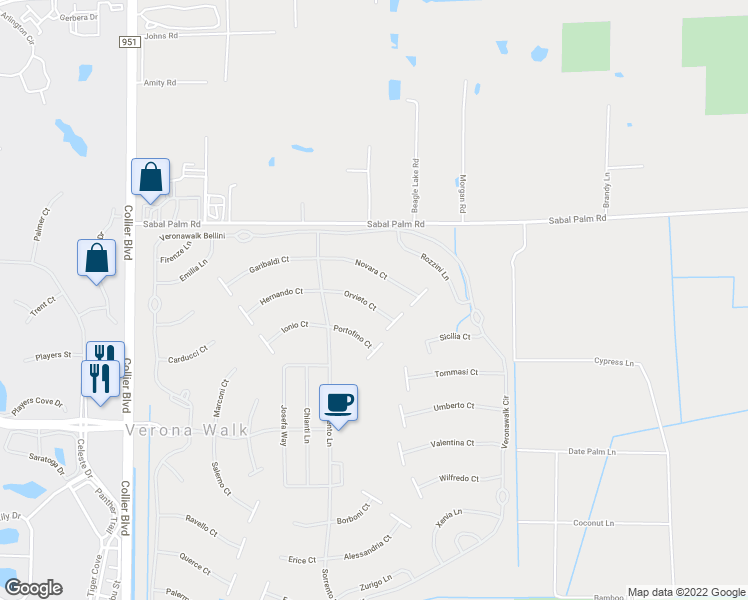 map of restaurants, bars, coffee shops, grocery stores, and more near 7805 Orvieto Court in Naples