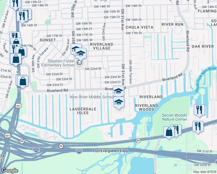 map of restaurants, bars, coffee shops, grocery stores, and more near 3231 Riverland Road in Fort Lauderdale