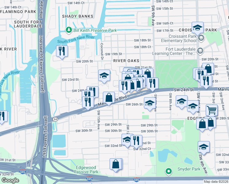 map of restaurants, bars, coffee shops, grocery stores, and more near 2512 Southwest 14th Avenue in Fort Lauderdale
