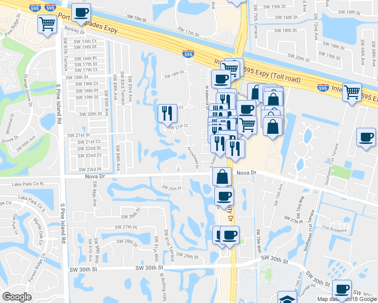 map of restaurants, bars, coffee shops, grocery stores, and more near 8052 Southwest 22nd Court in Davie