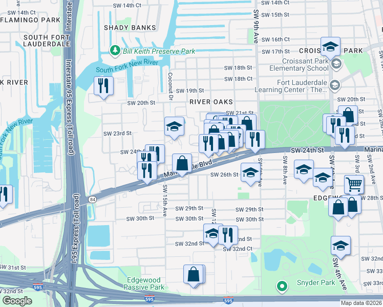 map of restaurants, bars, coffee shops, grocery stores, and more near 2512 Southwest 14th Avenue in Fort Lauderdale
