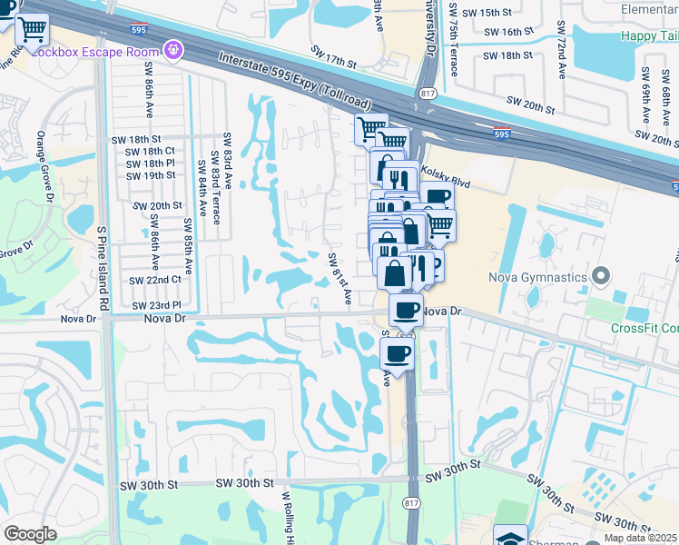 map of restaurants, bars, coffee shops, grocery stores, and more near 2280 Southwest 81st Avenue in Davie