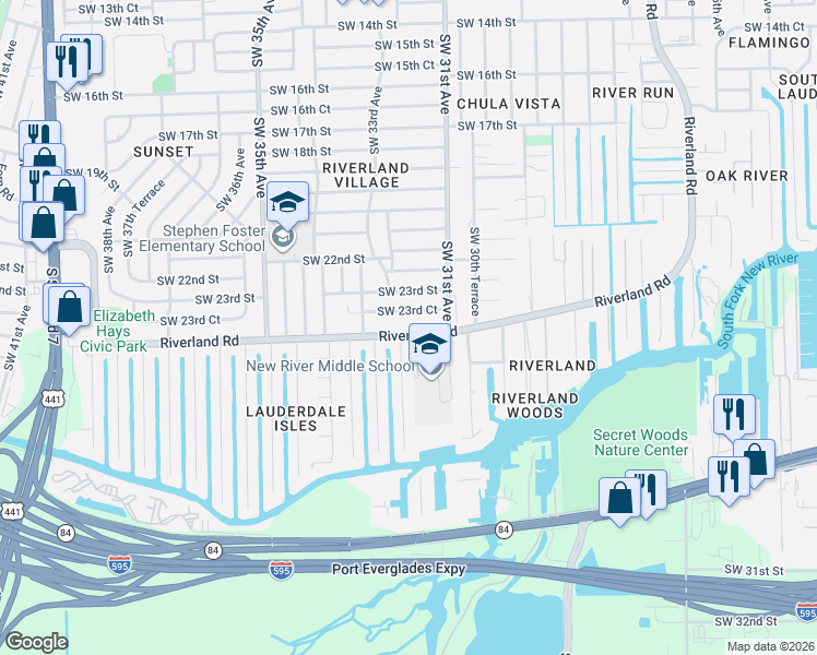 map of restaurants, bars, coffee shops, grocery stores, and more near 3161 Riverland Road in Fort Lauderdale