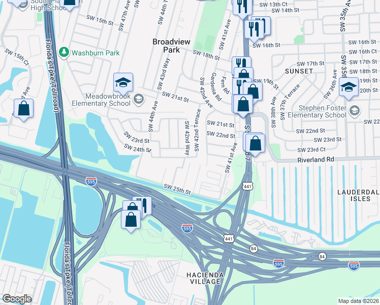 map of restaurants, bars, coffee shops, grocery stores, and more near 2341 Southwest 42nd Way in Fort Lauderdale