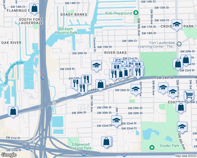 map of restaurants, bars, coffee shops, grocery stores, and more near 1431 Southwest 24th Court in Fort Lauderdale