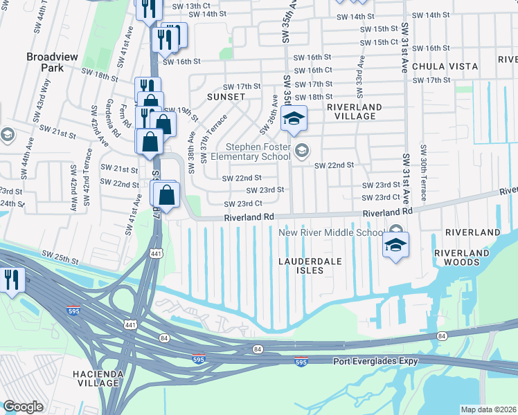 map of restaurants, bars, coffee shops, grocery stores, and more near 3608 Southwest 23rd Court in Fort Lauderdale