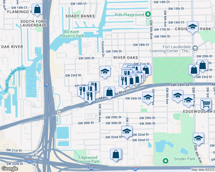 map of restaurants, bars, coffee shops, grocery stores, and more near 1431 Southwest 24th Court in Fort Lauderdale