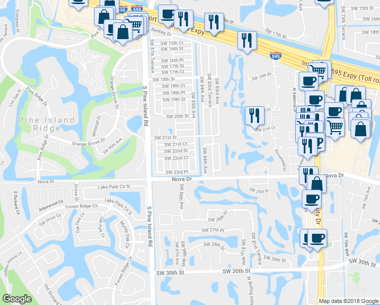 map of restaurants, bars, coffee shops, grocery stores, and more near 8520 Southwest 22nd Street in Davie