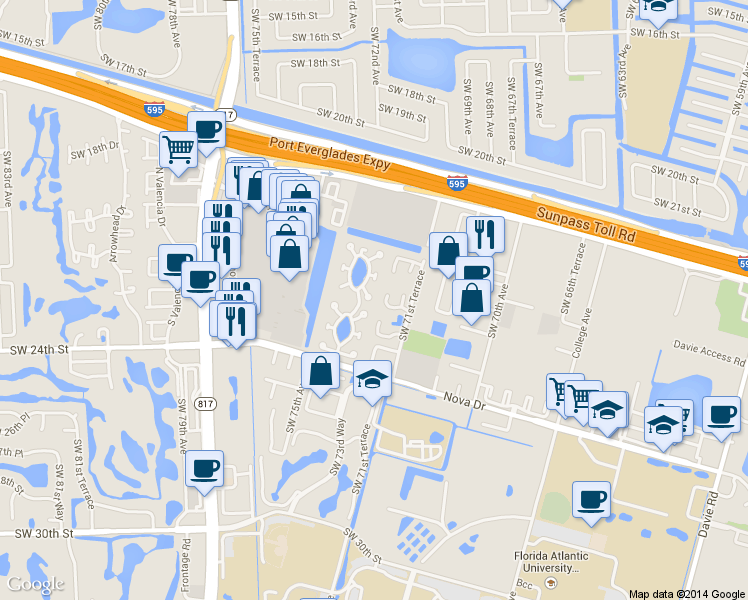 map of restaurants, bars, coffee shops, grocery stores, and more near 2178 Nova Village Drive in Davie