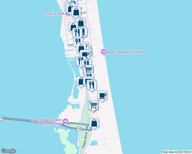 map of restaurants, bars, coffee shops, grocery stores, and more near 1010 Padre Boulevard in South Padre Island