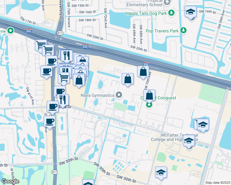 map of restaurants, bars, coffee shops, grocery stores, and more near 2116 Southwest 71st Way in Davie