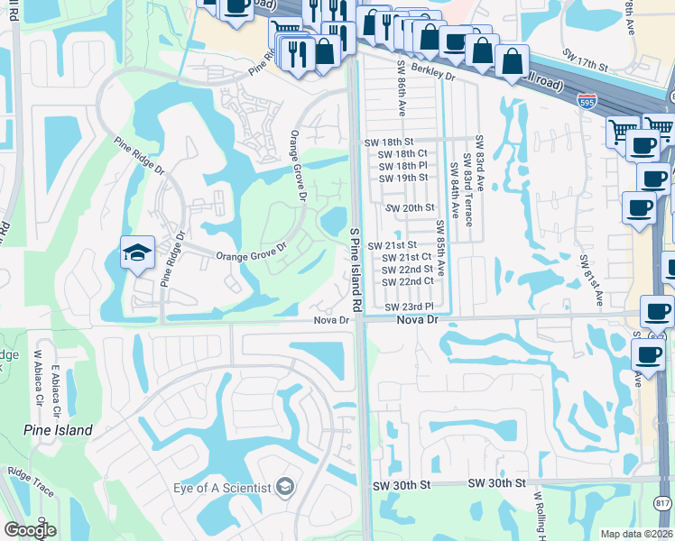 map of restaurants, bars, coffee shops, grocery stores, and more near 9142A Southwest 23rd Street in Davie