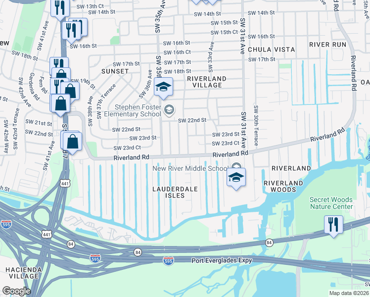 map of restaurants, bars, coffee shops, grocery stores, and more near 2365 Southwest 34th Terrace in Fort Lauderdale