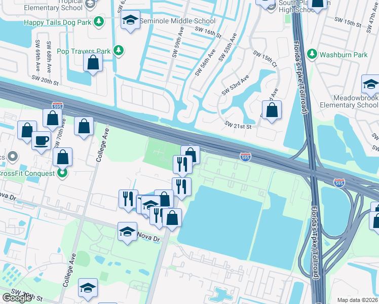 map of restaurants, bars, coffee shops, grocery stores, and more near 2402 Davie Road in Davie