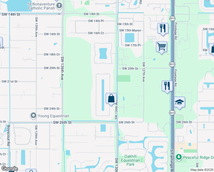 map of restaurants, bars, coffee shops, grocery stores, and more near 2191 Southwest 131st Terrace in Davie
