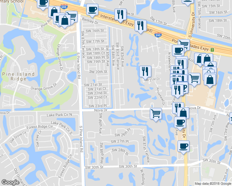 map of restaurants, bars, coffee shops, grocery stores, and more near 2196 Southwest 84th Avenue in Davie