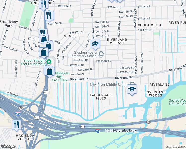 map of restaurants, bars, coffee shops, grocery stores, and more near 2331 Southwest 35th Avenue in Fort Lauderdale