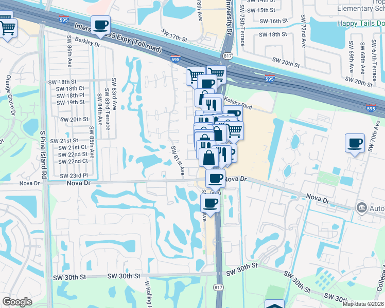 map of restaurants, bars, coffee shops, grocery stores, and more near 6 Matador Lane in Davie