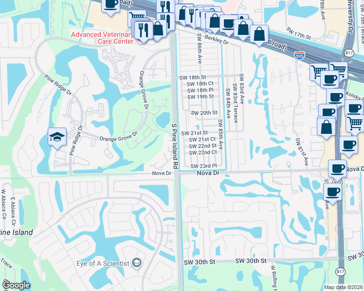 map of restaurants, bars, coffee shops, grocery stores, and more near 2171 Southwest 87th Terrace in Davie