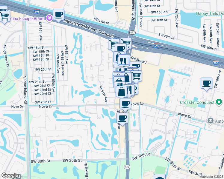 map of restaurants, bars, coffee shops, grocery stores, and more near 59 Madrid Lane in Davie
