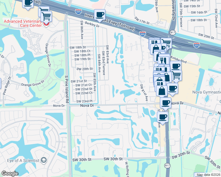 map of restaurants, bars, coffee shops, grocery stores, and more near 2196 Southwest 83rd Avenue in Davie