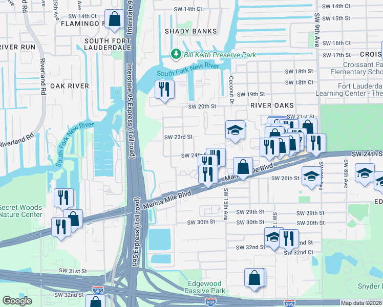 map of restaurants, bars, coffee shops, grocery stores, and more near 2401 Southwest 17th Avenue in Fort Lauderdale