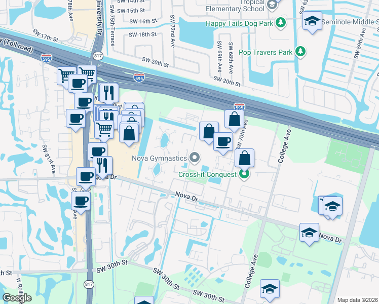 map of restaurants, bars, coffee shops, grocery stores, and more near 2116 Southwest 71st Way in Davie
