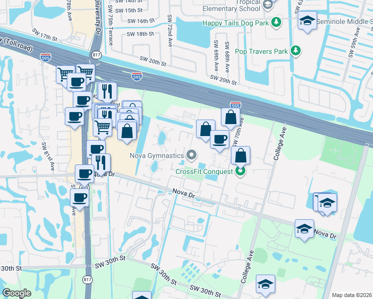 map of restaurants, bars, coffee shops, grocery stores, and more near 2116 Southwest 71st Way in Davie