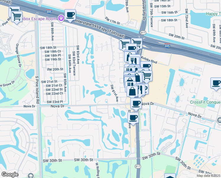map of restaurants, bars, coffee shops, grocery stores, and more near 8052 Southwest 22nd Court in Davie