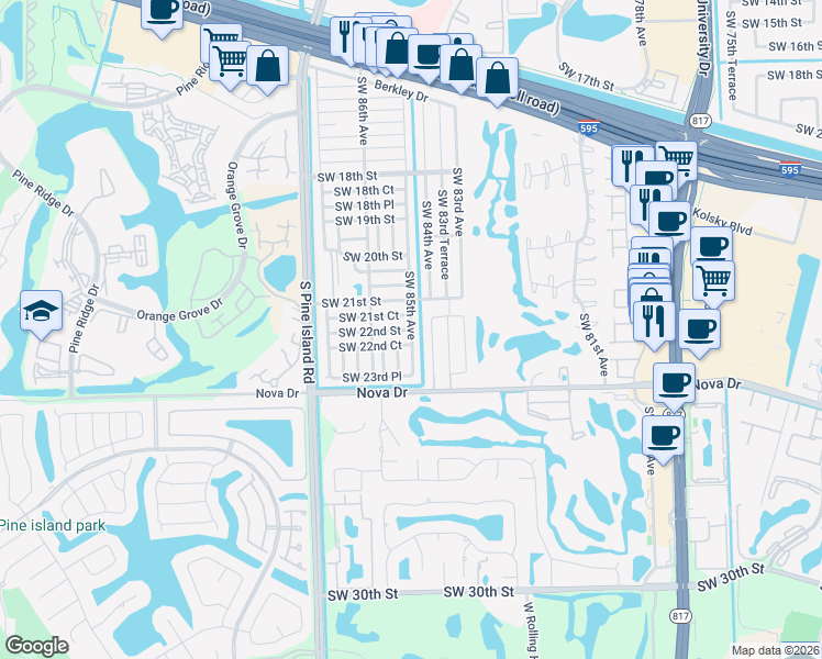 map of restaurants, bars, coffee shops, grocery stores, and more near 4743 Southwest 22nd Street in Davie