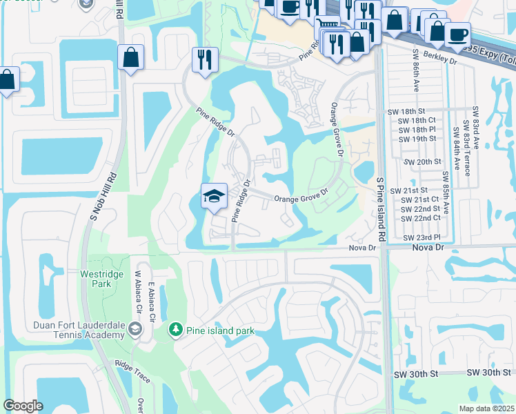map of restaurants, bars, coffee shops, grocery stores, and more near 2150 Southwest 94th Terrace in Davie
