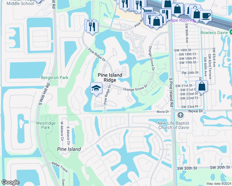 map of restaurants, bars, coffee shops, grocery stores, and more near 2150 Southwest 94th Terrace in Davie