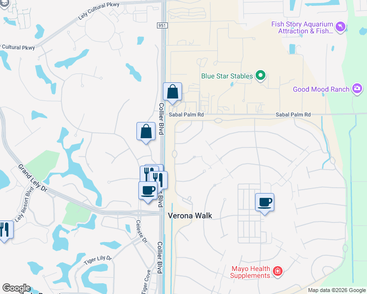 map of restaurants, bars, coffee shops, grocery stores, and more near 7378 Emilia Ln in Naples