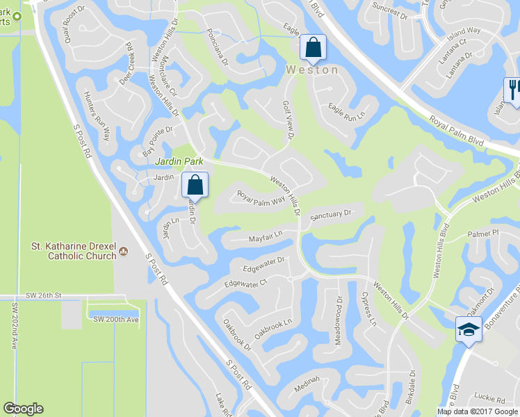 map of restaurants, bars, coffee shops, grocery stores, and more near 2536 Royal Palm Way in Weston