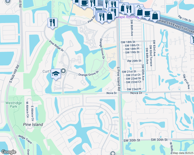 map of restaurants, bars, coffee shops, grocery stores, and more near 2171 Southwest 90th Avenue in Davie