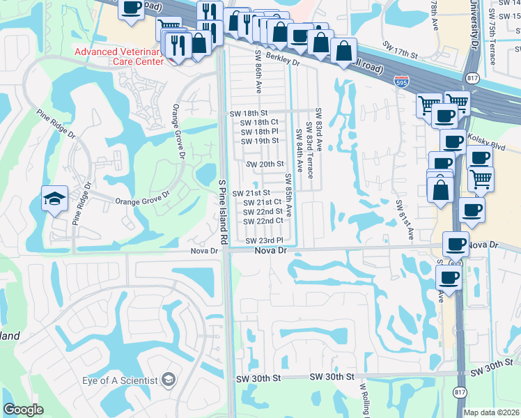 map of restaurants, bars, coffee shops, grocery stores, and more near 8610 Southwest 22nd Street in Davie