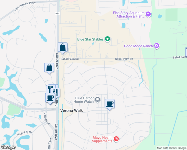 map of restaurants, bars, coffee shops, grocery stores, and more near 7695 Hernando Court in Naples
