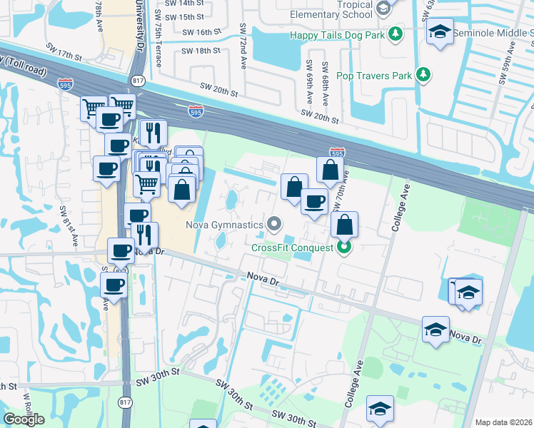 map of restaurants, bars, coffee shops, grocery stores, and more near 2116 Southwest 71st Way in Davie