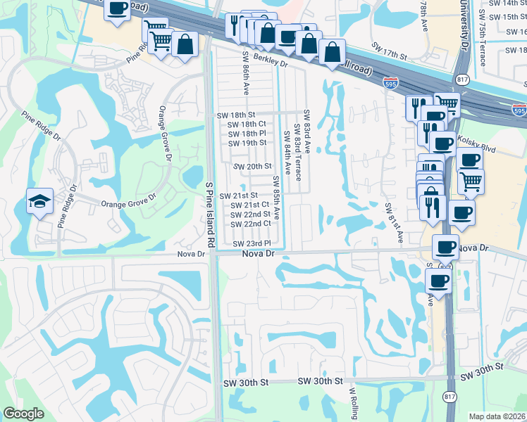map of restaurants, bars, coffee shops, grocery stores, and more near 8520 Southwest 22nd Street in Davie