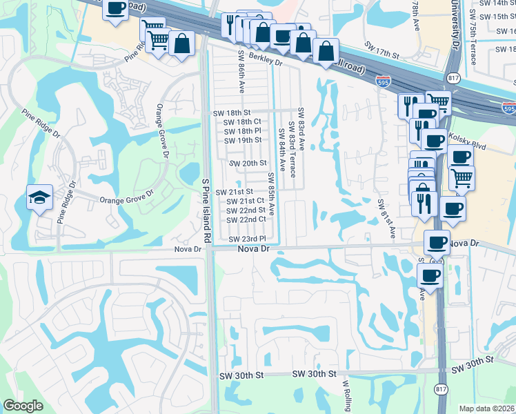 map of restaurants, bars, coffee shops, grocery stores, and more near 8520 Southwest 22nd Street in Davie