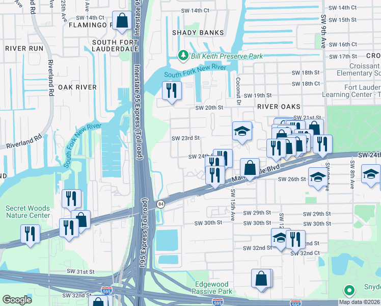 map of restaurants, bars, coffee shops, grocery stores, and more near 2399 Southwest 18th Avenue in Fort Lauderdale