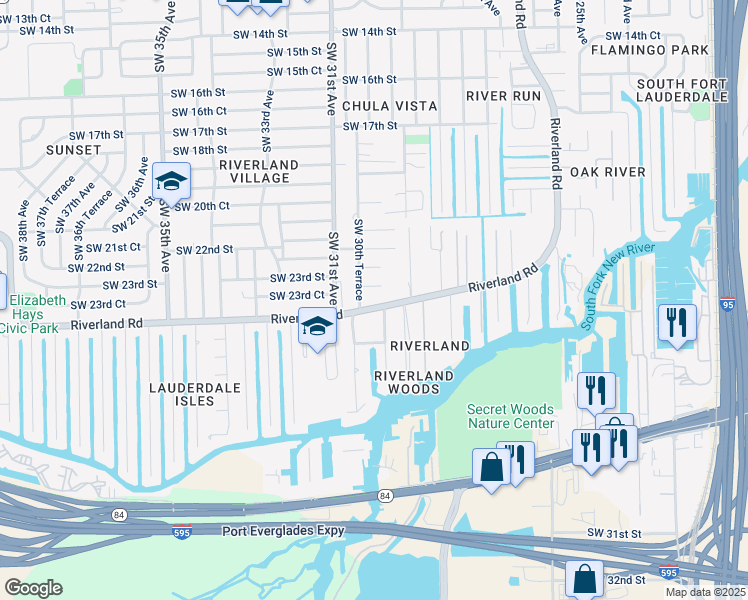 map of restaurants, bars, coffee shops, grocery stores, and more near 3031 Riverland Road in Fort Lauderdale