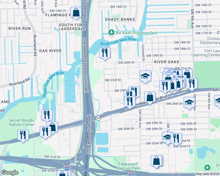 map of restaurants, bars, coffee shops, grocery stores, and more near 2399 Southwest 18th Avenue in Fort Lauderdale